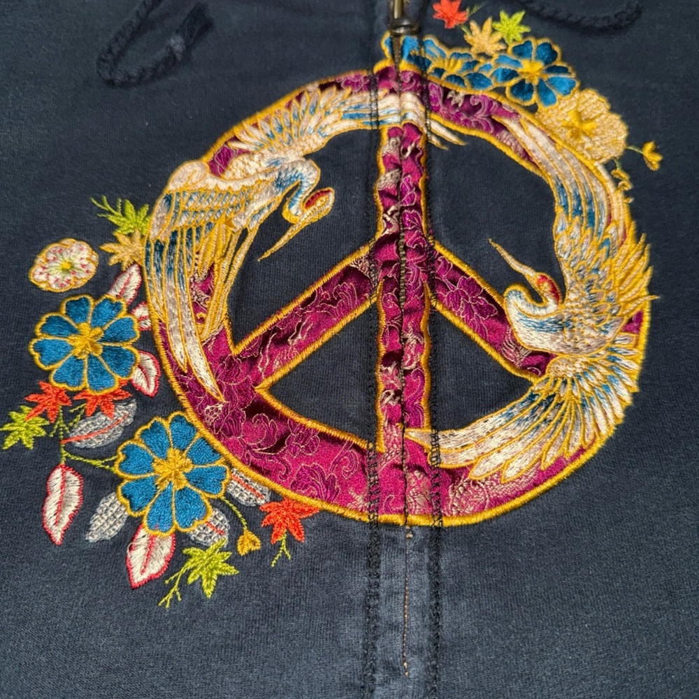 Vintage Lucky Brand Hoodie Women’s Large Black Embroidered Peace Sign Zip Up Y2k - Picture 2 of 9